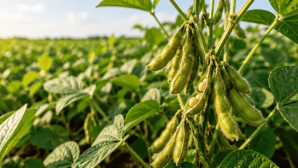 Close-up of soybean pods in a lush green field, illustrating the natural benefits of non-GMO soybeans at the source. 