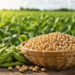 Fresh harvested soybeans in a basket with green pods, showcasing what are the benefits of Non-GMO soy from farm fields.