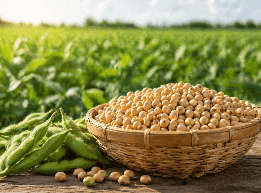Fresh harvested soybeans in a basket with green pods, showcasing what are the benefits of Non-GMO soy from farm fields.
