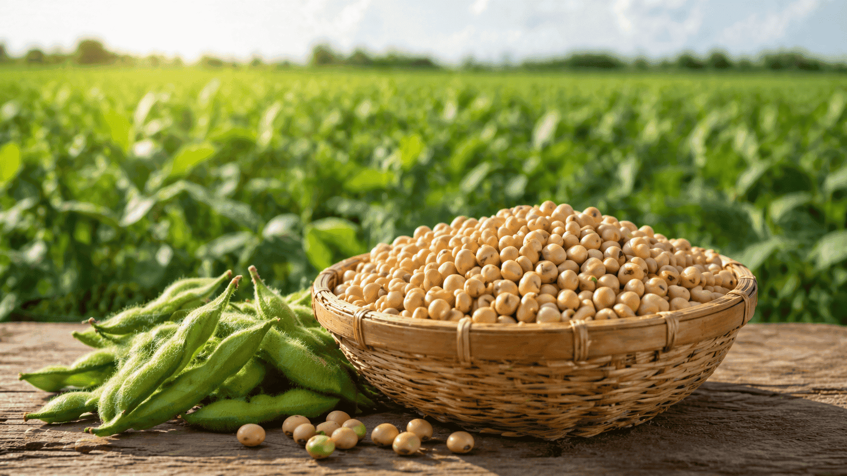 Fresh harvested soybeans in a basket with green pods, showcasing what are the benefits of Non-GMO soy from farm fields.