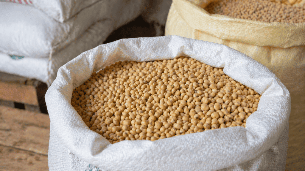 Bulk soybean seeds in woven sacks at a warehouse, representing what are the benefits of Non-GMO soy for food supply.