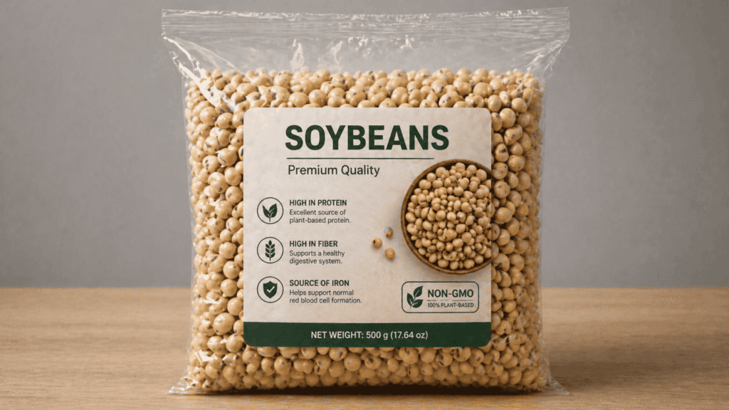 Pack of non-GMO soybeans labeled Soy Maya, ideal for healthy, plant-based meals.