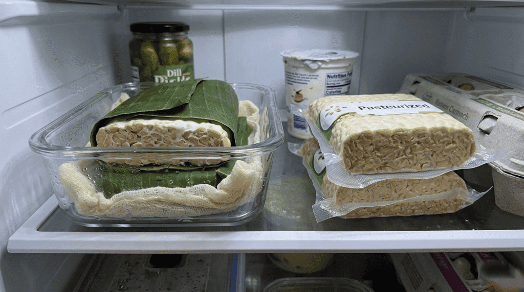 Refrigerator shelf showing flavor difference fresh tempeh vs pasteurized tempeh through distinct storage methods.