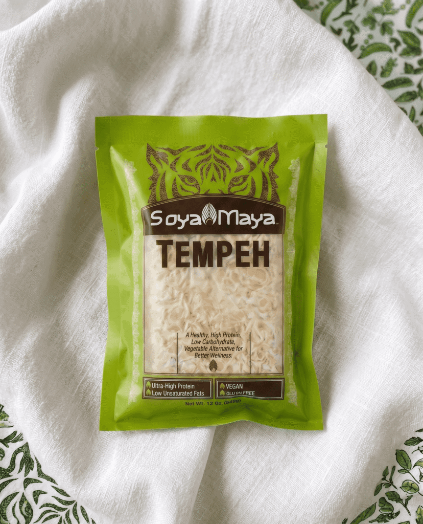 SoyaMaya Tempeh pouch laid on white linen, a great starting point if you're asking can you make tempeh at home 