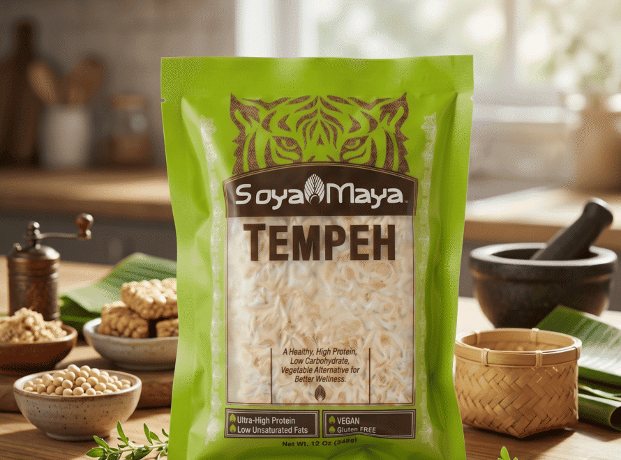 Green SoyaMaya Tempeh package on kitchen counter showing what is rhizopus oligosporus culture fermented soybeans, vegan, high protein.