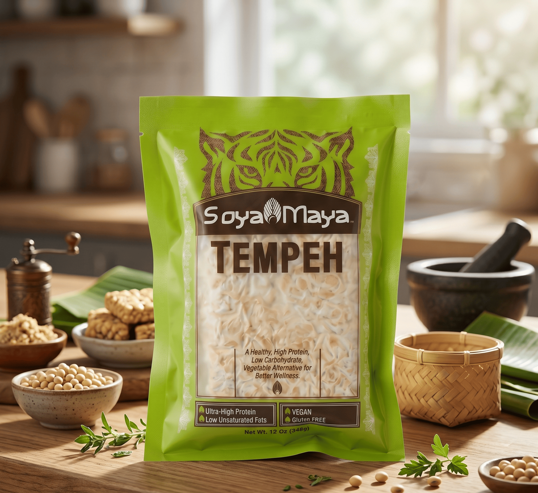 Green SoyaMaya Tempeh package on kitchen counter showing what is rhizopus oligosporus culture fermented soybeans, vegan, high protein.