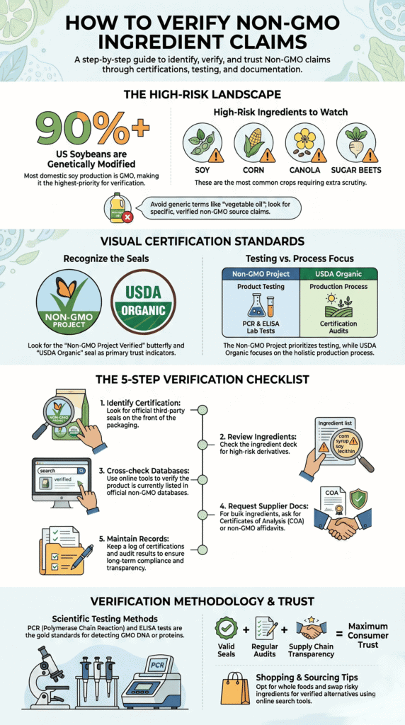 Infographic guide on how to verify non-gmo ingredients using certifications, testing methods, and a 5-step checklist.