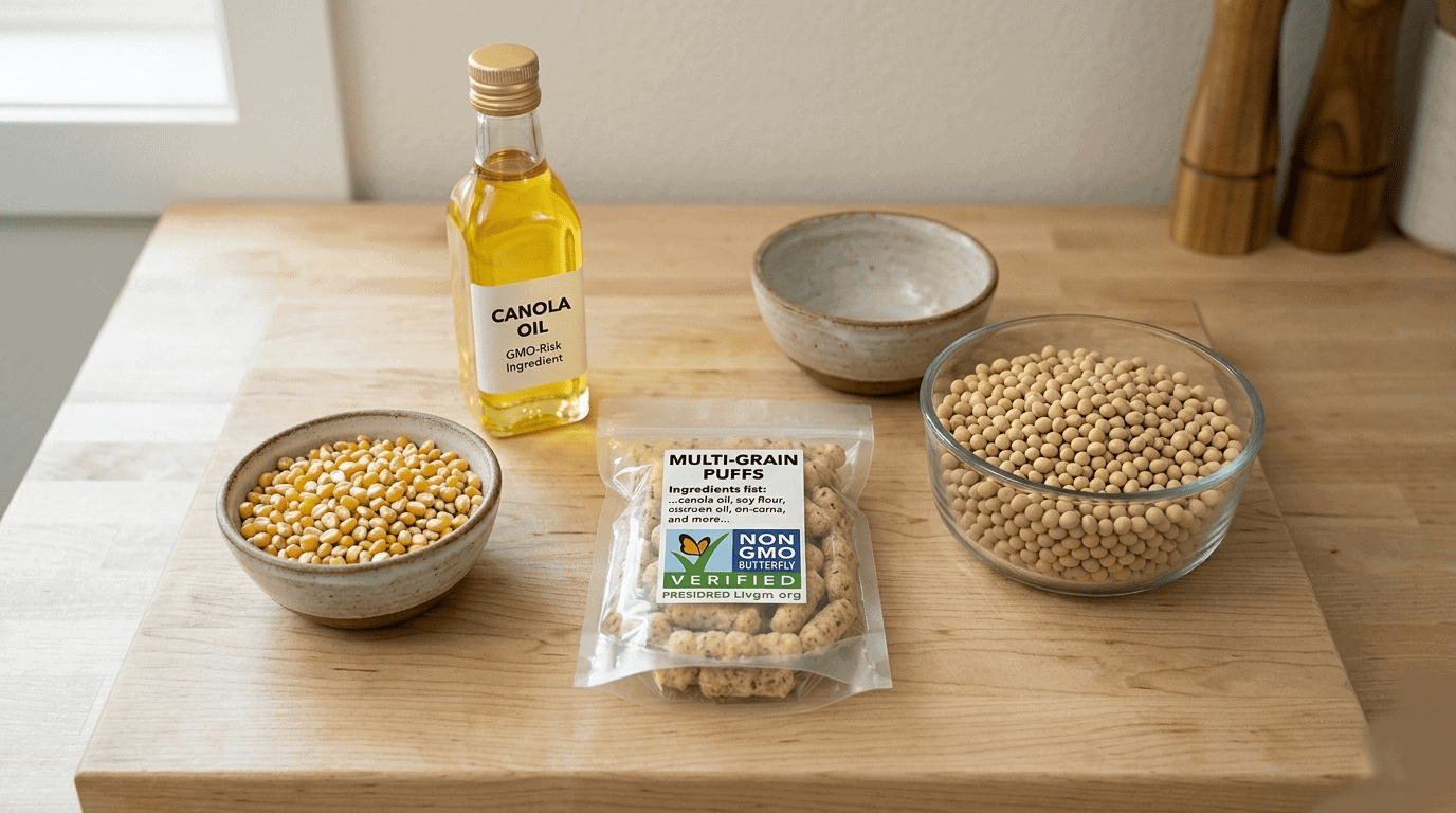 Canola oil, corn, soybeans, and a labeled snack bag illustrating how to verify non-gmo ingredients in common food products.