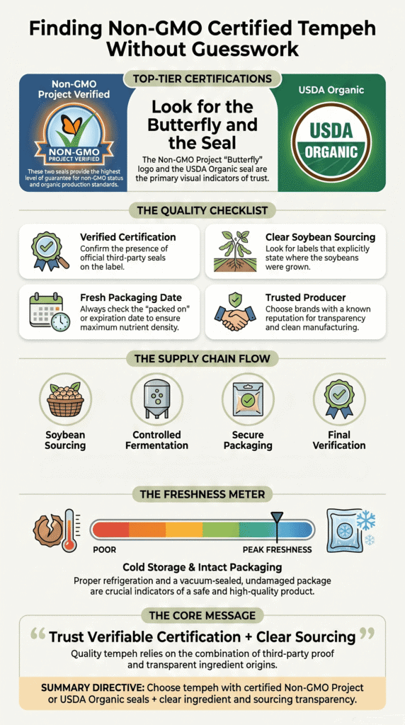 Infographic guide for finding non-GMO certified tempeh showing certifications, quality checklist, and supply chain flow