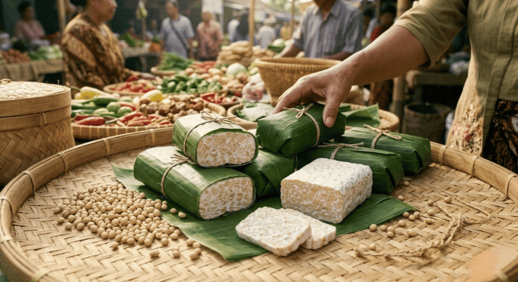 Traditional Indonesian market vendor finding non-GMO certified tempeh wrapped in banana leaves on a woven bamboo tray.