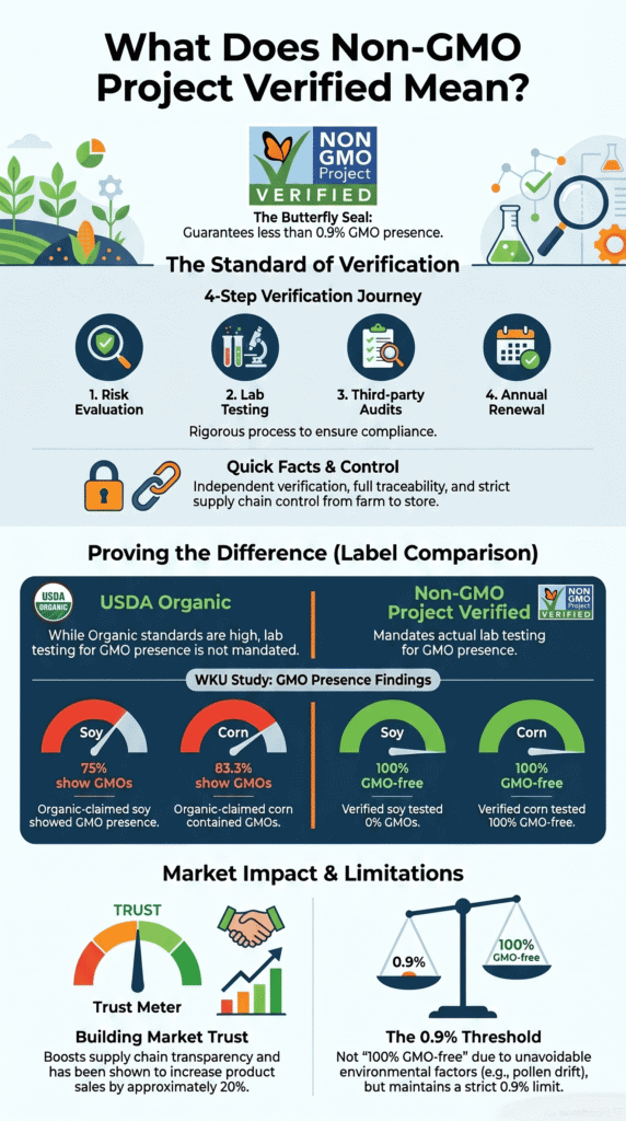 Infographic explaining what does Non-GMO Project Verified mean, showing 4-step verification and label comparison