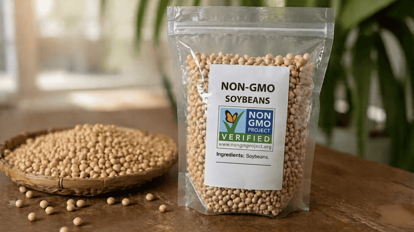 Non-GMO Project Verified soybeans package, illustrating what does Non-GMO Project Verified mean for food products