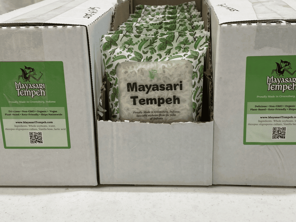non-GMO soybeans in Mayasari Tempeh packaging for healthy eating.