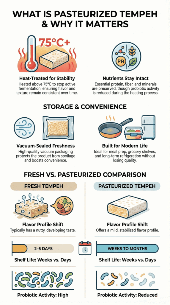 A visual guide explaining what is pasteurized tempeh, comparing it to fresh tempeh in nutrition and shelf life. 
