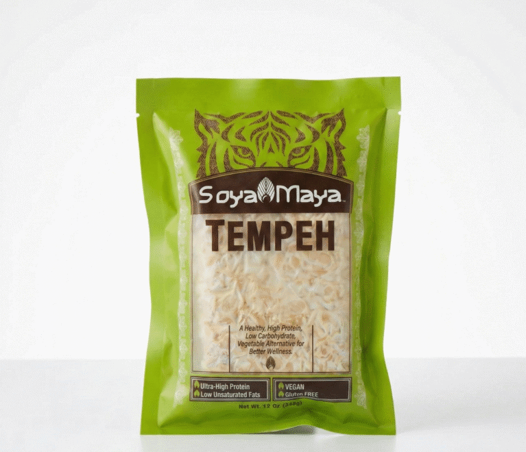 SoyaMaya green tempeh package on white background, where to source non-gmo tempeh for your diet