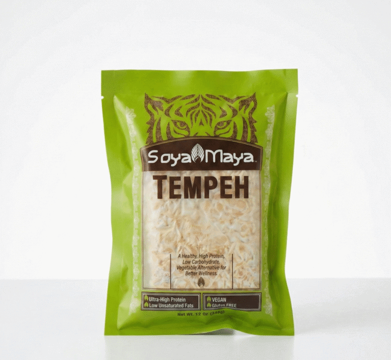 SoyaMaya Tempeh package on white background, showing how does tempeh fermentation work in a ready-to-cook product. 