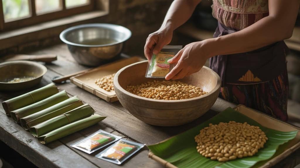 Woman inoculating soybeans with starter culture, showing where to find unpasteurized tempeh: made fresh at home