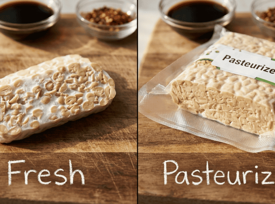 Side-by-side photo showing flavor difference fresh tempeh vs pasteurized tempeh on a wooden cutting board.