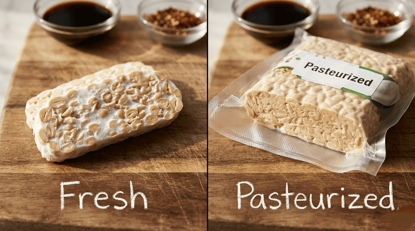 Side-by-side photo showing flavor difference fresh tempeh vs pasteurized tempeh on a wooden cutting board.