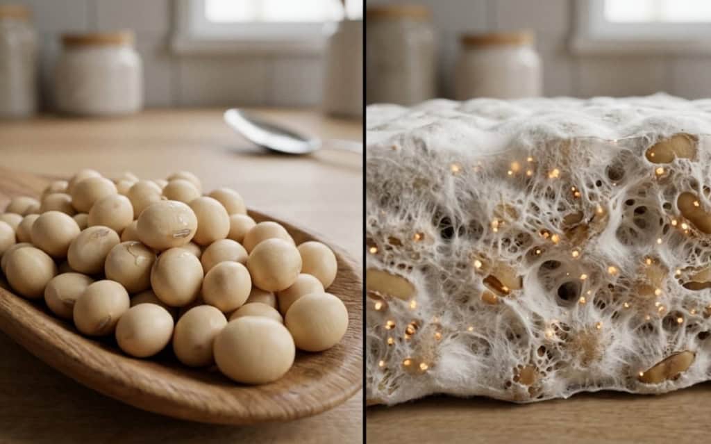 Fresh soybeans and fermented tempeh on a wooden surface, highlighting health benefits.