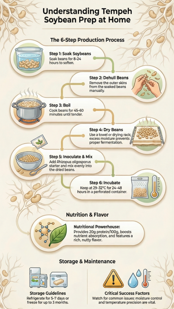 A visual guide to understanding tempeh soybean prep at home, showing 6 fermentation steps from soaking to incubation.