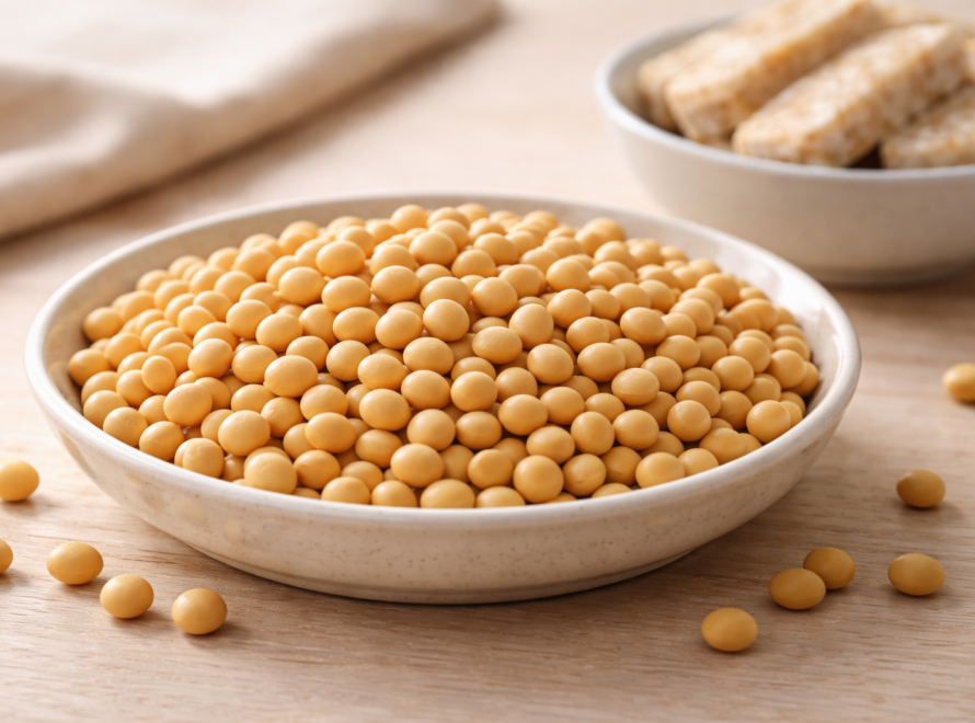 A bowl of raw yellow soybeans beside sliced tempeh, showing what kind of soybeans for tempeh works best