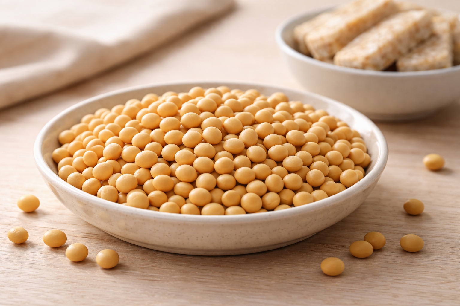A bowl of raw yellow soybeans beside sliced tempeh, showing what kind of soybeans for tempeh works best