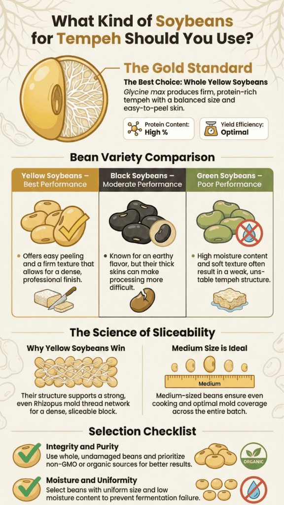 Infographic comparing what kind of soybeans for tempeh, covering yellow, black, and green soybean varieties with selection tips