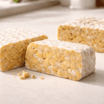 Three whole soybean tempeh blocks on a kitchen counter, a visual guide on how to find whole soybean tempeh worth buying
