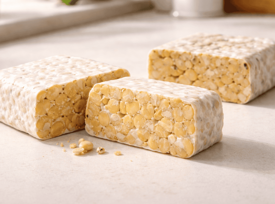 Three whole soybean tempeh blocks on a kitchen counter, a visual guide on how to find whole soybean tempeh worth buying