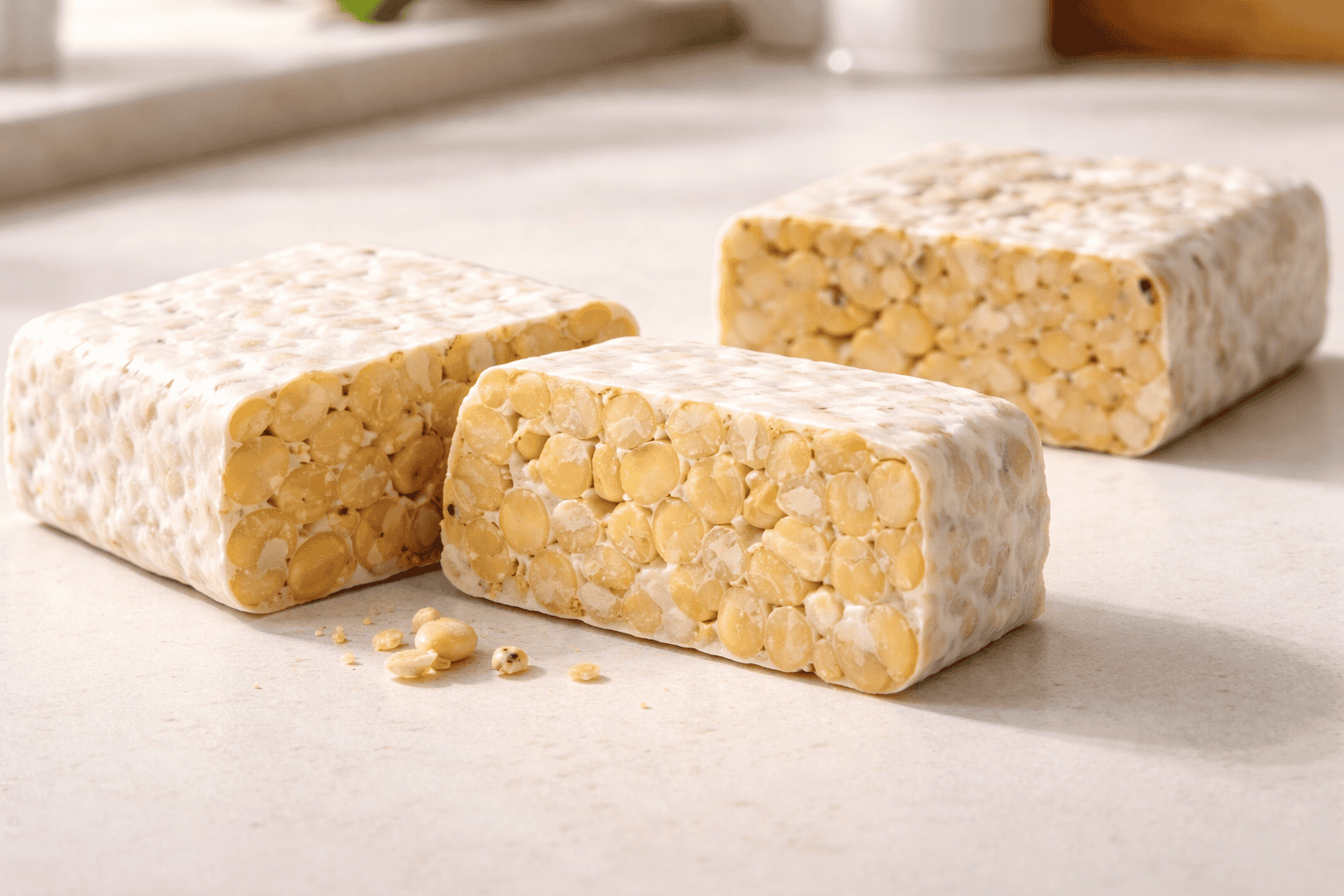 Three whole soybean tempeh blocks on a kitchen counter, a visual guide on how to find whole soybean tempeh worth buying