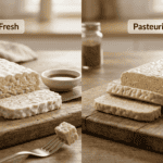 Fresh vs Pasteurized Tempeh displayed on wooden cutting boards showing texture and appearance contrast.
