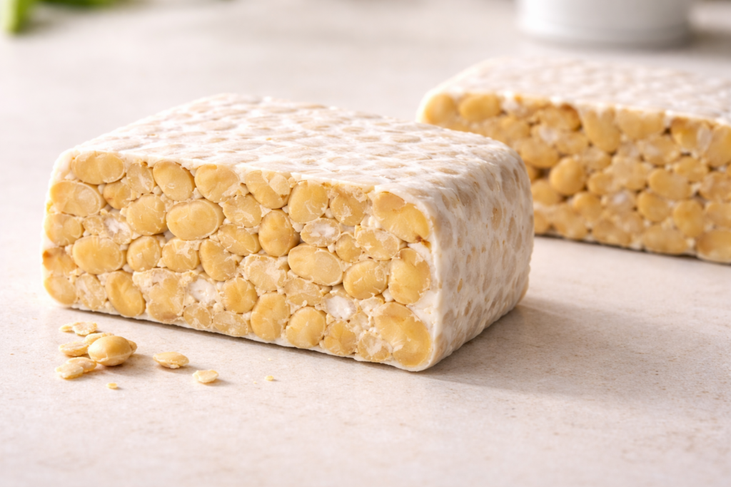 Two firm tempeh blocks with visible whole soybeans and white mycelium, showing how to find whole soybean tempeh by texture