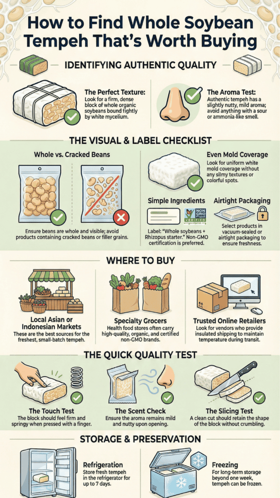 Infographic on how to find whole soybean tempeh covering quality checks, label reading, buying sources, and storage tips
