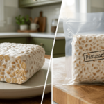 Side-by-side photo showing what is pasteurized tempeh in vacuum-sealed packaging next to a fresh tempeh block.