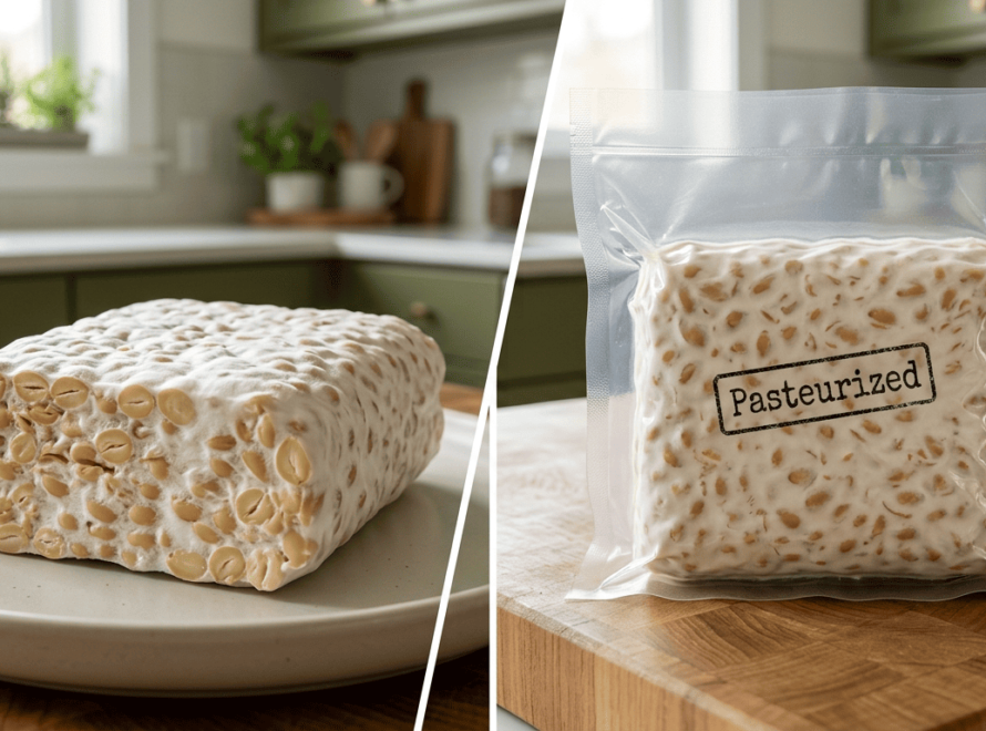 Side-by-side photo showing what is pasteurized tempeh in vacuum-sealed packaging next to a fresh tempeh block.