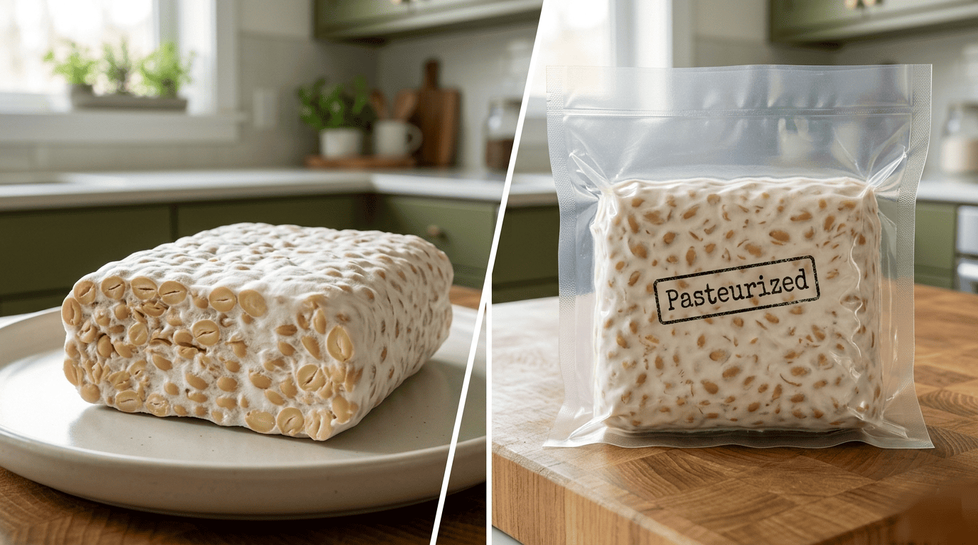 Side-by-side photo showing what is pasteurized tempeh in vacuum-sealed packaging next to a fresh tempeh block.