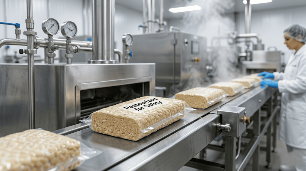 Fresh vs Pasteurized Tempeh production line with worker overseeing heat treatment process in facility.