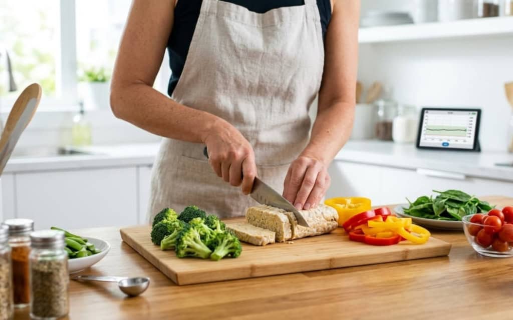 Person slicing fresh tempeh on a cutting board with vegetables, showcasing the benefits of live culture tempeh in meals 
