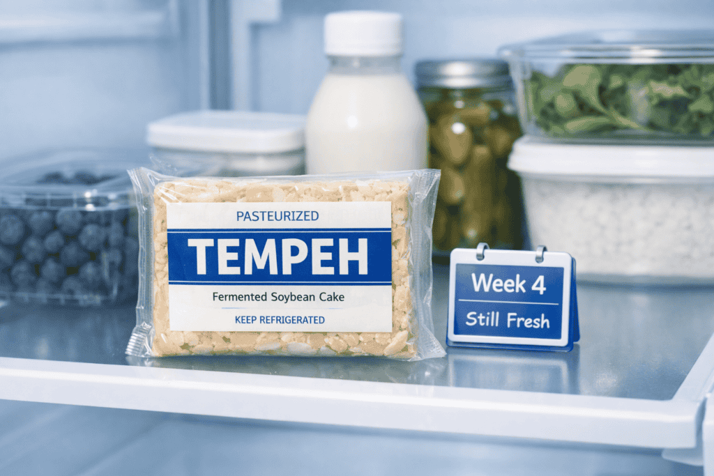 A packaged block in a refrigerator with a Week 4 Still Fresh label showing what is pasteurized tempeh shelf life.