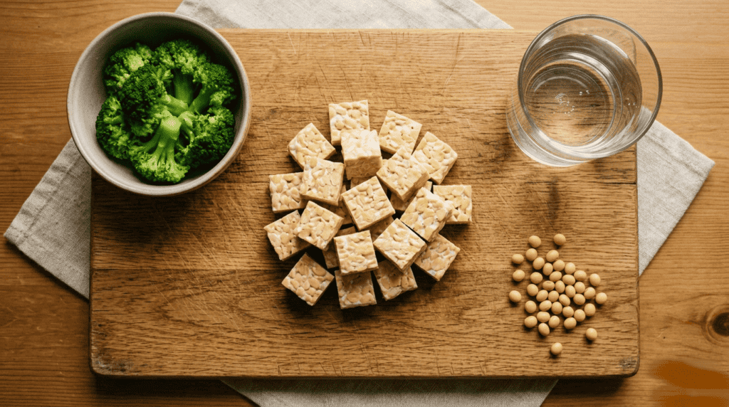 Sliced soy tempeh cubes on a wooden board with broccoli and soybeans illustrating what is pasteurized tempeh nutrition.