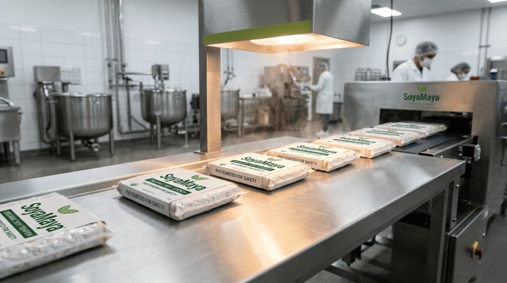 Alt text: SoyaMaya production line with vacuum-sealed packages labeled Pasteurized for Safety showing what is pasteurized tempeh manufacturing.