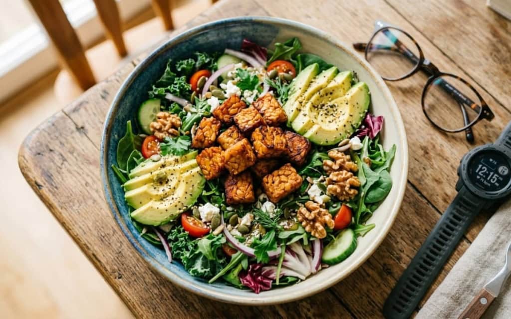 Vibrant tempeh salad bowl with avocado and greens highlighting the benefits of live culture tempeh for healthy eating 