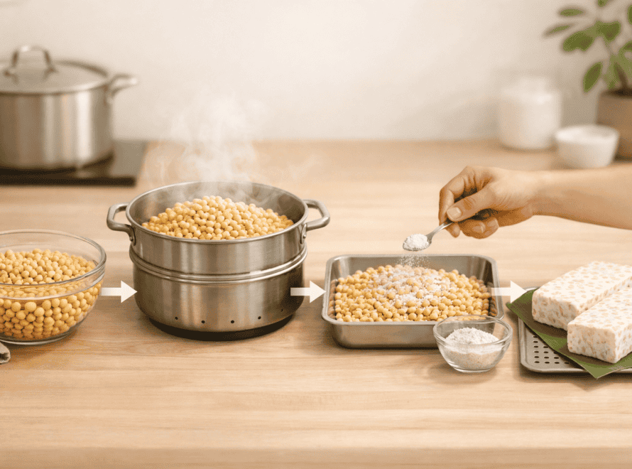Understanding tempeh processing methods: soybeans steamed and mixed with starter culture on a kitchen counter. 