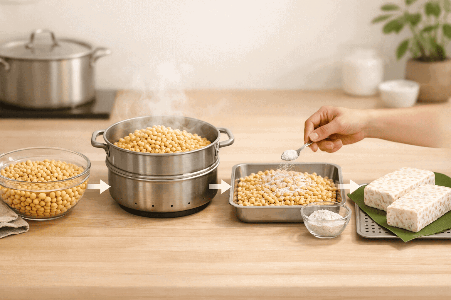 Understanding tempeh processing methods: soybeans steamed and mixed with starter culture on a kitchen counter. 