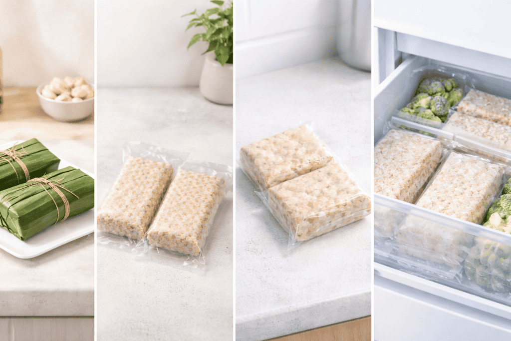 Understanding tempeh processing methods: tempeh packaged in banana leaves, plastic wrap, sealed bags, and frozen storage. 