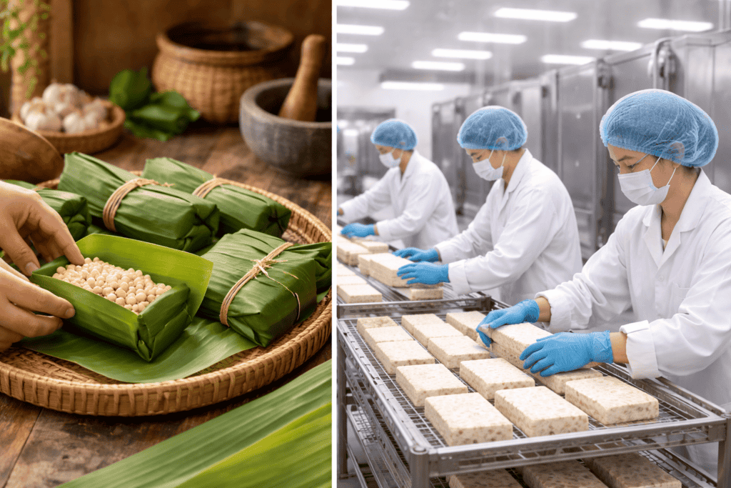 Understanding tempeh processing methods: traditional banana leaf wrapping beside modern factory production lines. 