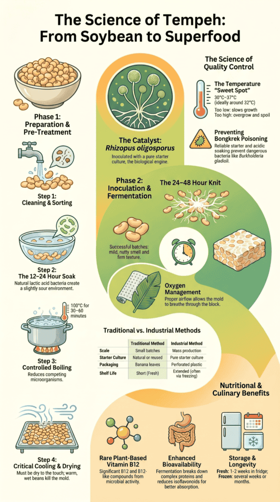Understanding tempeh processing methods infographic from soybean preparation to fermentation and nutritional benefits. 