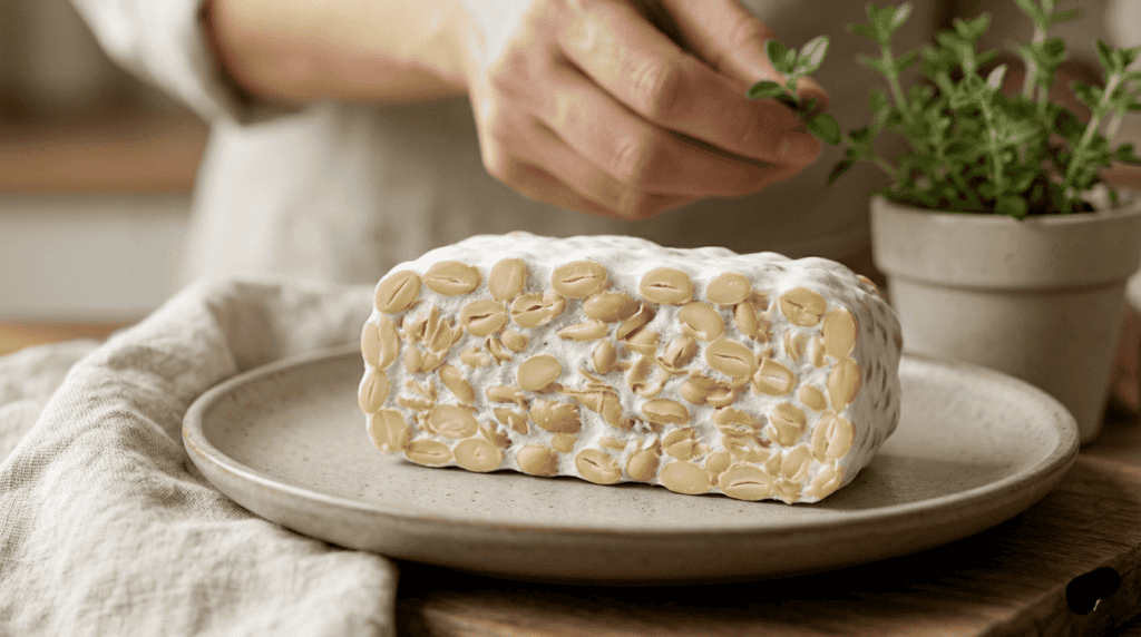  Fresh vs Pasteurized Tempeh choice shown as white mycelium-covered soybean block on ceramic plate.