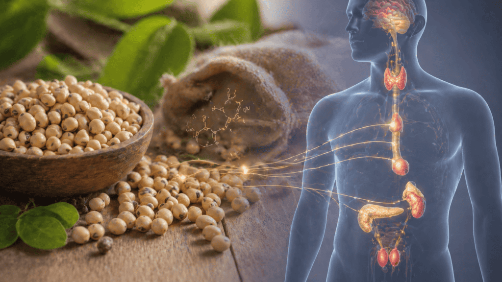 Soybeans beside a human body diagram showing organs affected when studying health risks of gmo soybeans